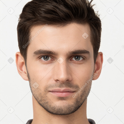 Neutral white young-adult male with short  brown hair and brown eyes