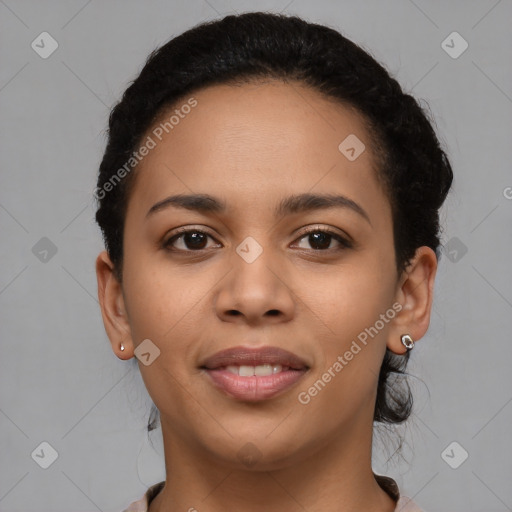 Joyful latino young-adult female with short  brown hair and brown eyes