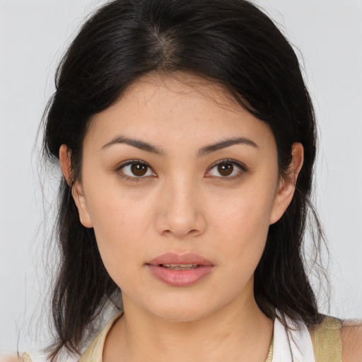 Neutral asian young-adult female with long  brown hair and brown eyes