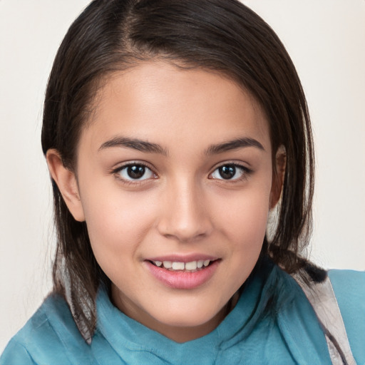 Joyful white child female with medium  brown hair and brown eyes