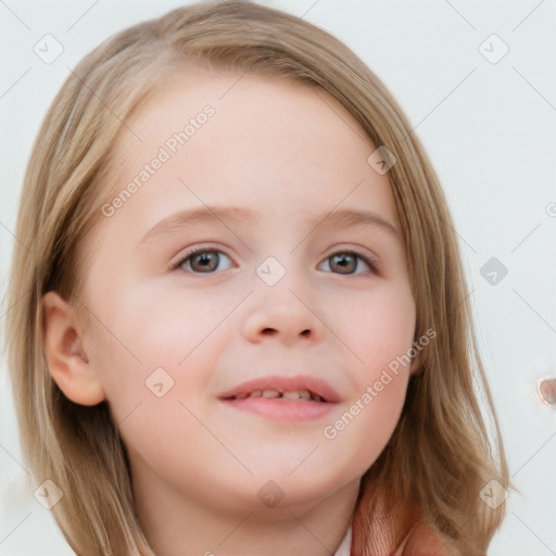 Neutral white child female with medium  brown hair and grey eyes