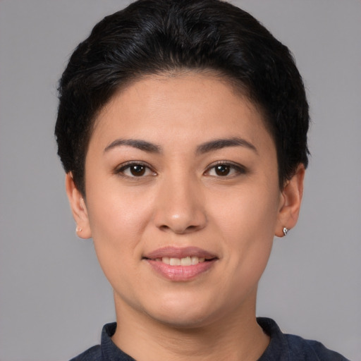 Joyful asian young-adult female with short  brown hair and brown eyes