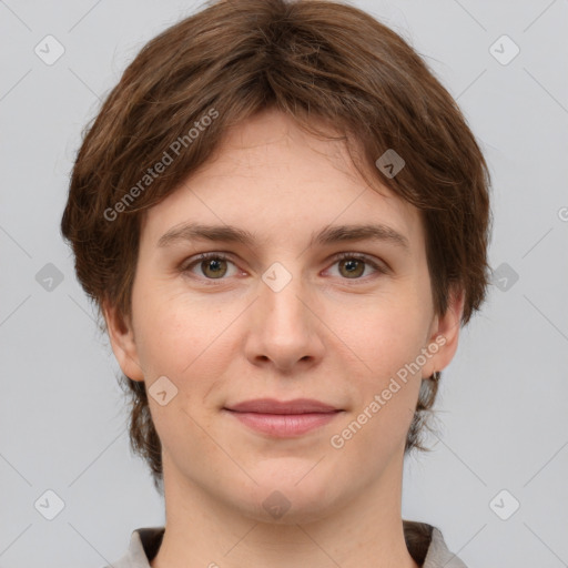 Joyful white young-adult female with medium  brown hair and grey eyes