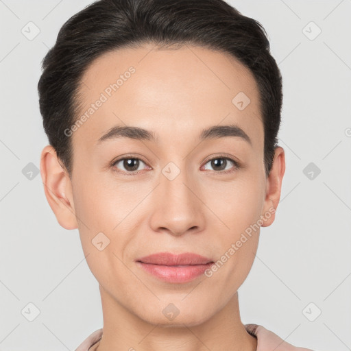 Joyful white young-adult female with short  brown hair and brown eyes