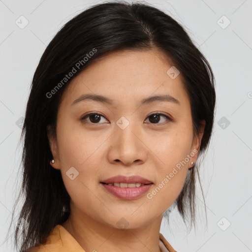 Joyful asian young-adult female with medium  brown hair and brown eyes