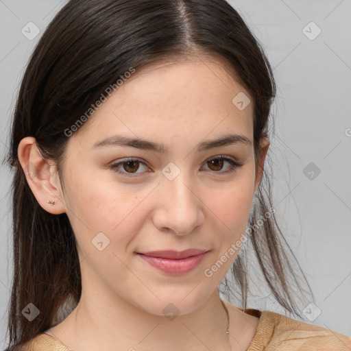 Joyful white young-adult female with medium  brown hair and brown eyes