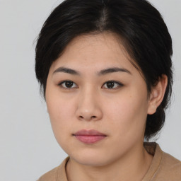 Neutral asian young-adult female with medium  brown hair and brown eyes