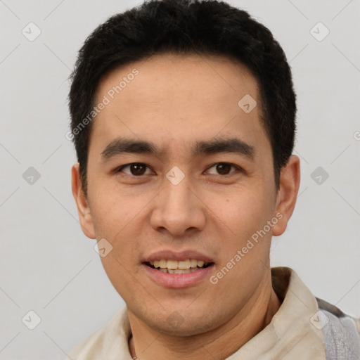 Joyful latino young-adult male with short  brown hair and brown eyes