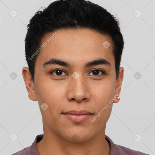 Neutral latino young-adult male with short  brown hair and brown eyes