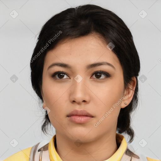 Neutral asian young-adult female with medium  black hair and brown eyes