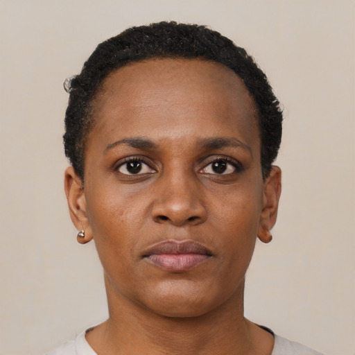 Neutral black young-adult female with short  black hair and brown eyes