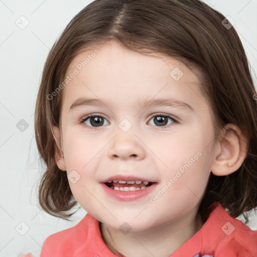 Joyful white child female with medium  brown hair and blue eyes