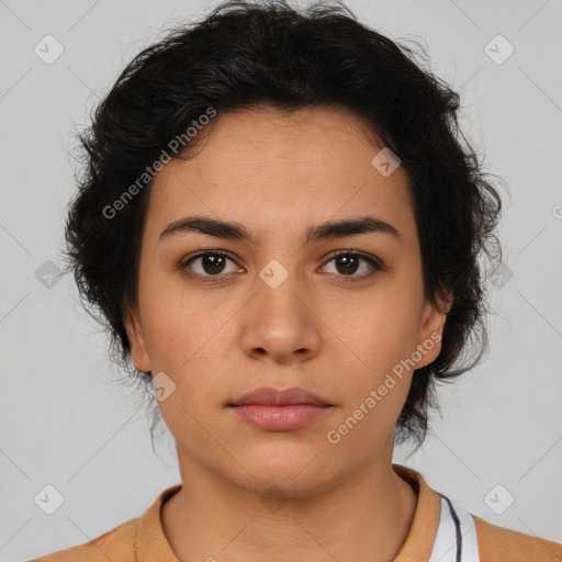 Neutral latino young-adult female with short  brown hair and brown eyes