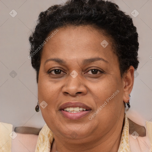 Joyful latino adult female with short  brown hair and brown eyes