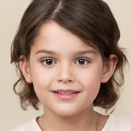 Joyful white child female with medium  brown hair and brown eyes