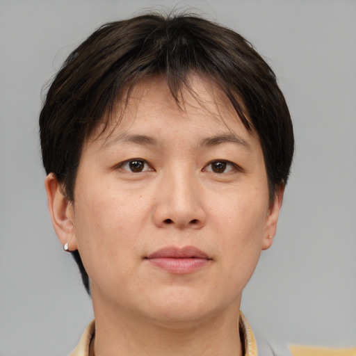 Neutral white adult female with short  brown hair and brown eyes