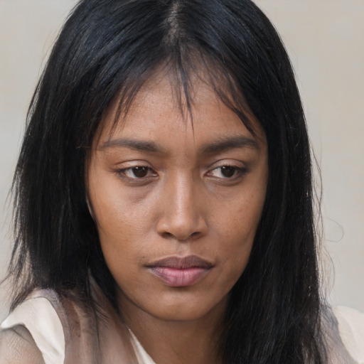 Neutral asian young-adult female with long  black hair and brown eyes