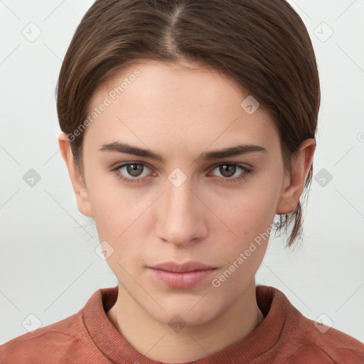 Neutral white young-adult female with short  brown hair and brown eyes