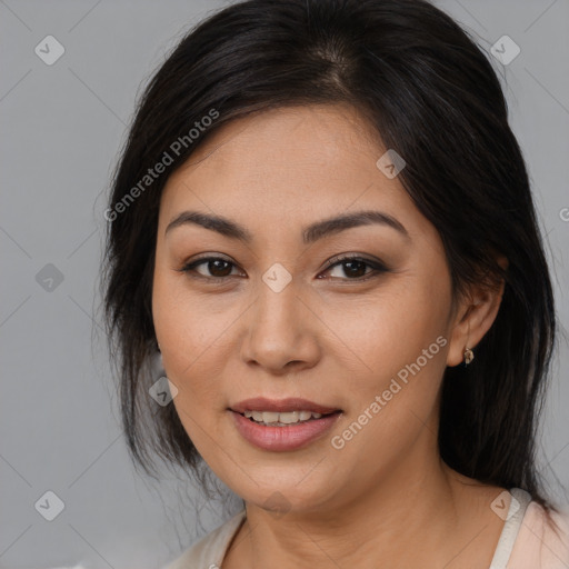 Joyful asian young-adult female with medium  brown hair and brown eyes