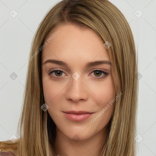 Neutral white young-adult female with long  brown hair and brown eyes