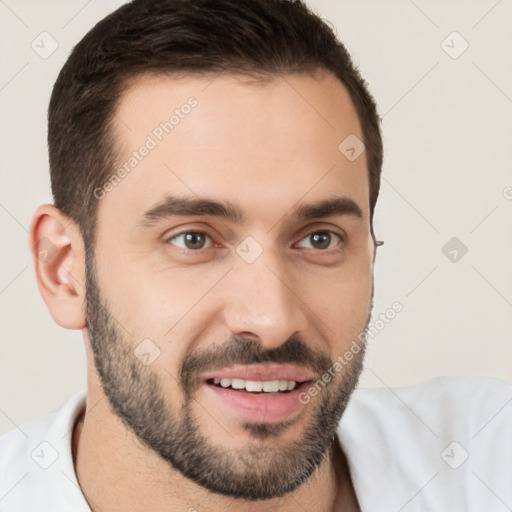 Joyful white young-adult male with short  brown hair and brown eyes