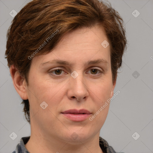 Joyful white adult female with short  brown hair and grey eyes