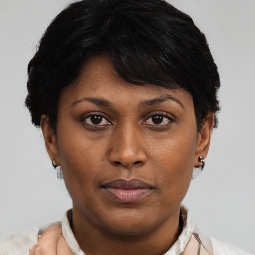 Neutral latino young-adult female with short  brown hair and brown eyes