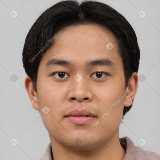 Neutral asian young-adult male with short  brown hair and brown eyes