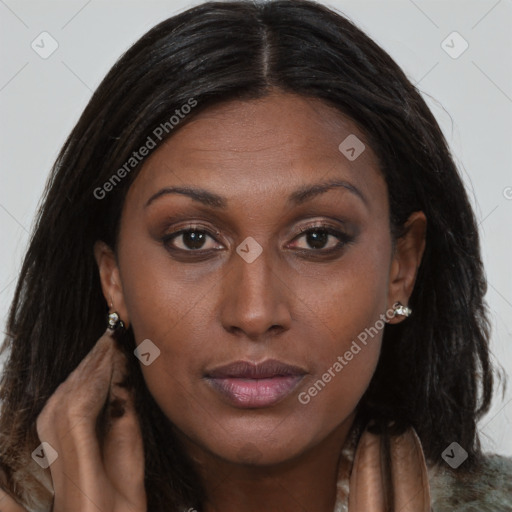 Joyful asian young-adult female with long  brown hair and brown eyes