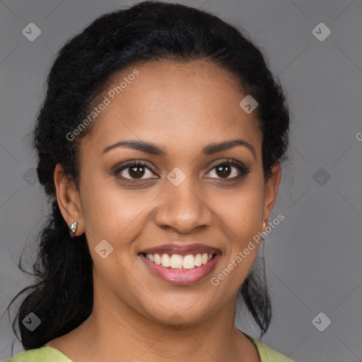 Joyful black young-adult female with medium  brown hair and brown eyes