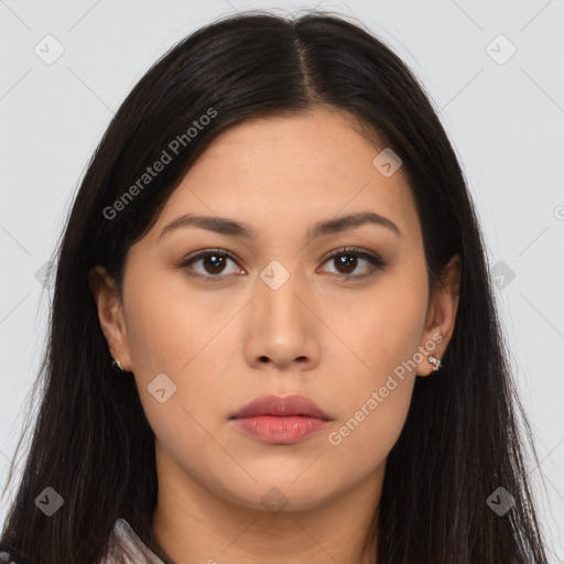 Neutral asian young-adult female with long  brown hair and brown eyes