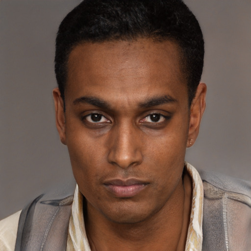 Neutral black young-adult male with short  black hair and brown eyes