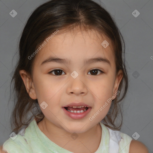 Joyful white child female with medium  brown hair and brown eyes