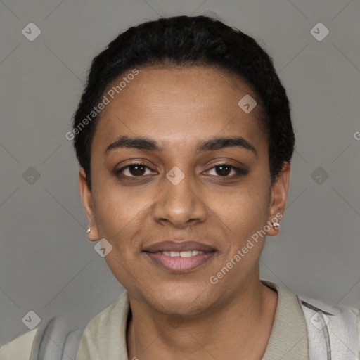 Joyful black young-adult female with short  black hair and brown eyes