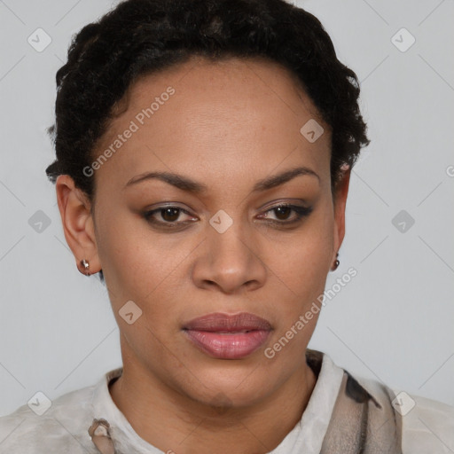 Joyful latino young-adult female with short  brown hair and brown eyes