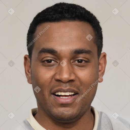 Joyful black young-adult male with short  black hair and brown eyes