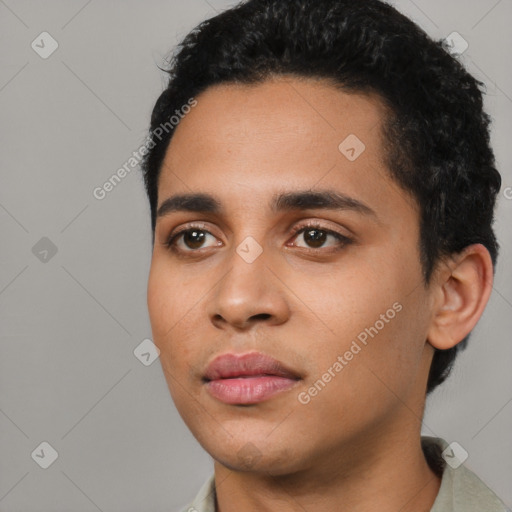 Neutral latino young-adult male with short  black hair and brown eyes