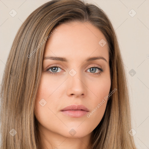 Neutral white young-adult female with long  brown hair and brown eyes