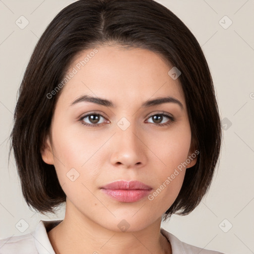 Neutral white young-adult female with medium  brown hair and brown eyes