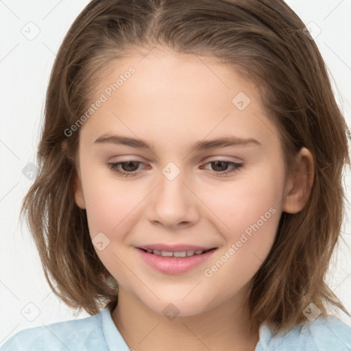 Joyful white child female with medium  brown hair and brown eyes