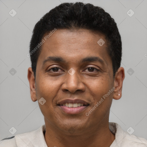 Joyful latino young-adult male with short  brown hair and brown eyes