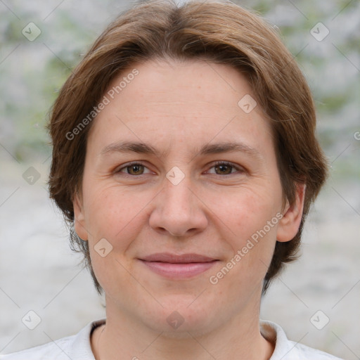 Joyful white adult female with short  brown hair and brown eyes