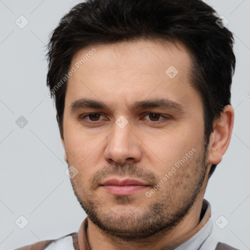 Neutral white young-adult male with short  brown hair and brown eyes