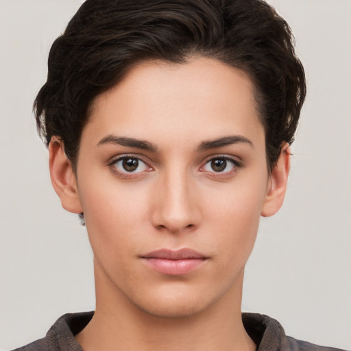 Neutral white young-adult female with short  brown hair and brown eyes