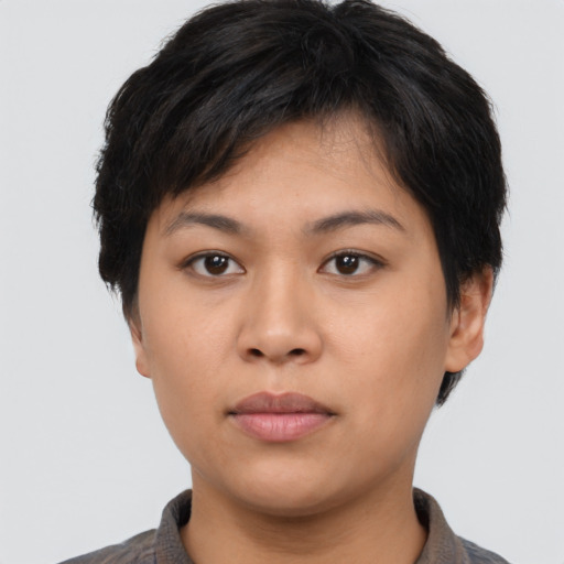 Neutral asian young-adult female with short  black hair and brown eyes