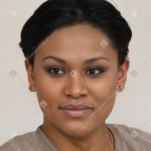 Joyful latino young-adult female with short  brown hair and brown eyes