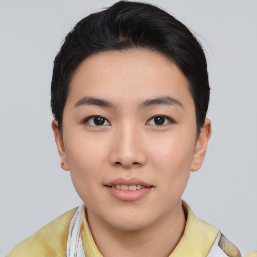 Neutral asian young-adult female with short  black hair and brown eyes