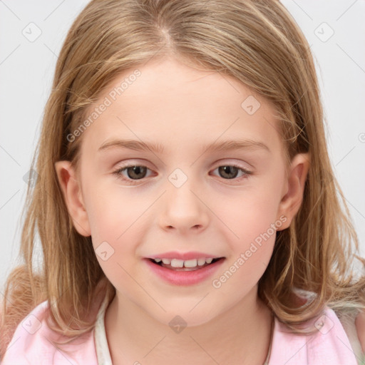 Joyful white child female with medium  brown hair and grey eyes