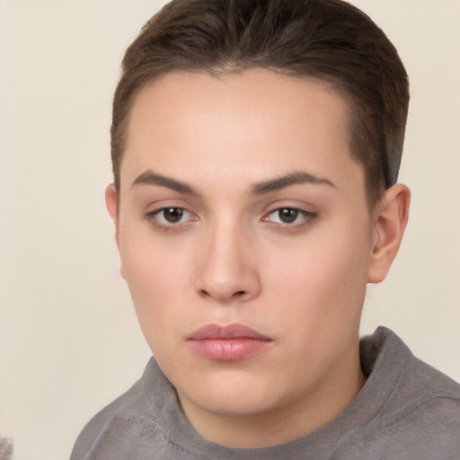 Neutral white young-adult female with short  brown hair and brown eyes