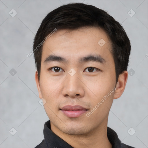 Neutral asian young-adult male with short  black hair and brown eyes